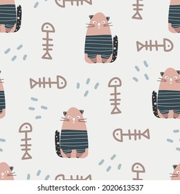 Cute cats pattern - hand drawn childish kitten seamless pattern design