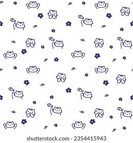 Cute cats pattern. Kittens with fishes seamless vector illustration. Hand drawn blue outline isolate white background For wrapping paper, wallpaper, fabric.