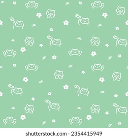 Cute cats pattern. Kittens with fishes seamless vector illustration. Hand drawn outline For wrapping paper, wallpaper, fabric, Green background white outline