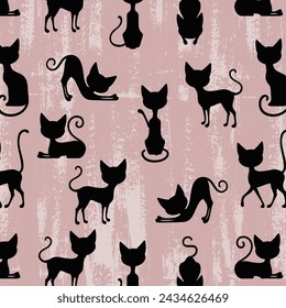 Cute cats pattern. Kittens are sitting in different poses silhouette seamless vector illustration. Hand drawn vector background. For wrapping paper, wallpaper, fabric.