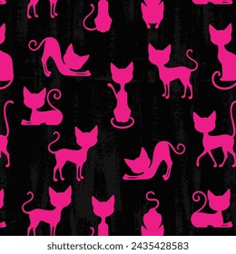 Cute cats pattern. Kittens are sitting in different poses silhouette seamless vector illustration. Hand drawn vector background. For wrapping paper, wallpaper, fabric.