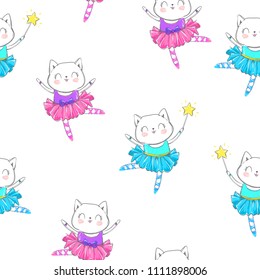 Cute cats pattern seamless vector, Background with ballerinas.