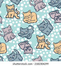 Cute cats pattern for wallpaper, wrapping paper, textile fabric print, pet shop, baby shower, kids room, children theme background. Decorative colourful hand drawn illustration.  Line vector drawing.