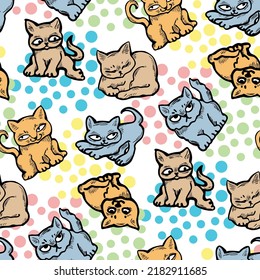 Cute cats pattern for wallpaper, wrapping paper, textile fabric print, pet shop, baby shower, kids room, children theme background. Decorative colourful hand drawn illustration.  Line vector drawing.