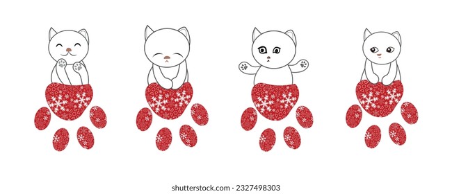 Cute cats with paw prints made of snowflakes red Chrismas banner design illustration