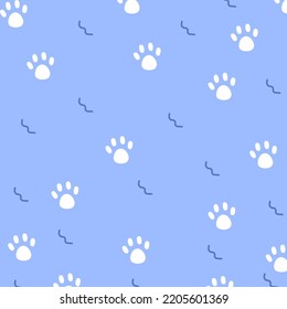 cute cat's paw seamless pattern in blue and white combination for wrapping paper, textile, cat food packaging