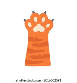 Cute cat's paw with soft pads and spreaded fingers with claws. Ginger feline animal's hand hunting. Adorable kitty hunter. Colored flat doodle vector illustration isolated on white background