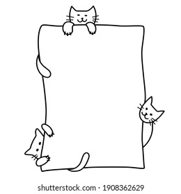 Cute cats paws are holding a blank sheet for your text. Cats with paper, a board for announcements and inscriptions for pet shop, cats food. Doodle black lines isolated on a white background. Vector.
