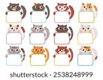 Cute cats pet baby animal characters peeking out holding in paws empty blank cards template in colorful frames for message, announcement, greeting, advertisement isolated vector illustration set