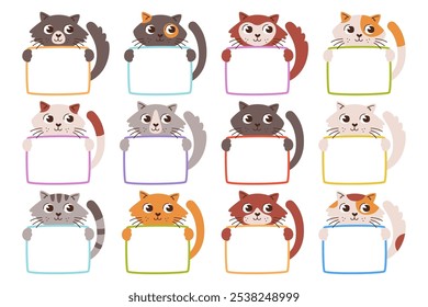 Cute cats pet baby animal characters peeking out holding in paws empty blank cards template in colorful frames for message, announcement, greeting, advertisement isolated vector illustration set