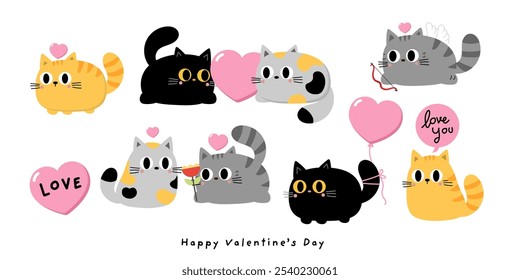 Cute cats with pink heart. Happy Valentine's Day greeting card. Animal cartoon character in love holidays.