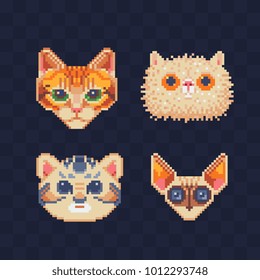 Cute Cats. Pixel Art. Cat Characters Heads Set. Stickers And Embroidery Design. Isolated Vector Illustration. 80s Style.