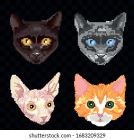 Cute cats. Pixel art. Cat characters heads set. Stickers and embroidery design. Isolated vector illustration. 80s style.