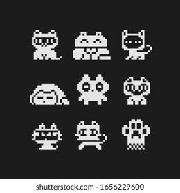 Cute Cats Pixel Art Icons Set, Cat Characters Heads And Cat's Paws.  Logo Pet Shop, Veterinary Clinics. Stickers And Embroidery Design. Isolated Vector Illustration. 80s Style.