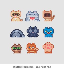 Cute cats pixel art icons set, cat characters heads and cat's paws.  Logo pet shop, veterinary clinics. Stickers and embroidery design. Isolated vector illustration. 80s style.