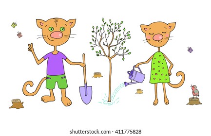 cute cats plant trees