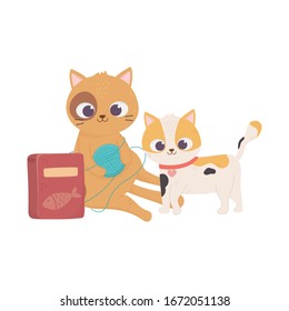 Cute cats playing with ball of wool and food cartoon vector illustration
