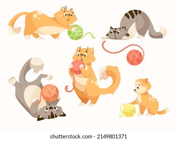 Cute cats playing with ball of yarn cartoon illustration set. Adorable baby kitten having fun, enjoying, lying, sitting, standing on hind legs. Domestic animal, pet concept