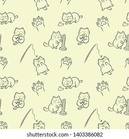 Cute cats playing with cat toys hand drawn cartoon style seamless pattern. Vector illustration wallpaper and background. Kawaii cartoon design.