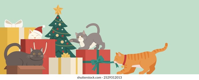 Cute cats playing with Christmas gifts and decorations, banner with copy space