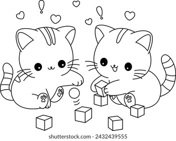 Cute cats are playing coloring page. Kawaii kittens colouring 