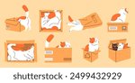 Cute cats playing, lying and sitting inside in cardboard or paper bag in different poses vector flat set. Funny hiding kitten, looking out. Cartoon fluffy domestic animal in box, feline pets isolated