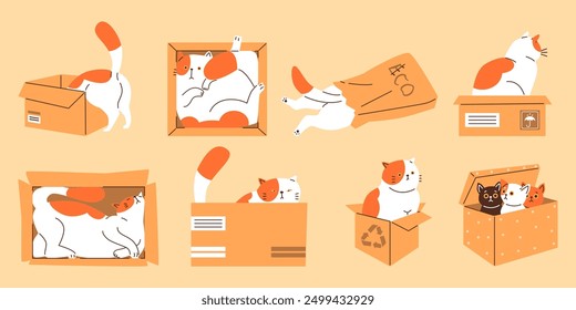 Cute cats playing, lying and sitting inside in cardboard or paper bag in different poses vector flat set. Funny hiding kitten, looking out. Cartoon fluffy domestic animal in box, feline pets isolated