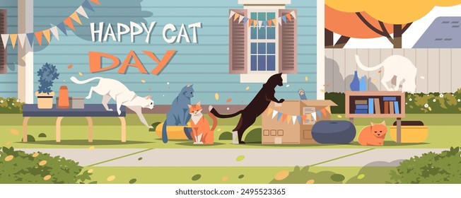 Cute cats playing on house backyard. Happy cat day banner. Flat vector illustration