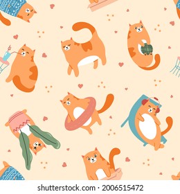 Cute cats playing pattern. Pet animal walking, resting on chaise and listening to music in earphones, drinking cocktail, hiding in plants. Funny domestic kitten relaxing texture or fabric