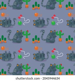 Cute cats are playing with toys and there is a cactus nearby, vector pattern.