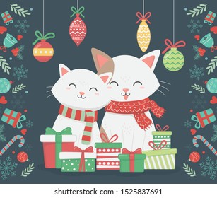 cute cats with presents and hanging balls celebration merry christmas poster vector illustration