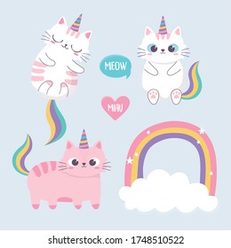 cute cats rainbow horn cloud cartoon animal funny character vector illustration