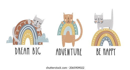 Cute cats with rainbow and lettering. Nursery room vector illustration set. 