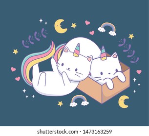 cute cats with rainbow tail and carton box kawaii characters
