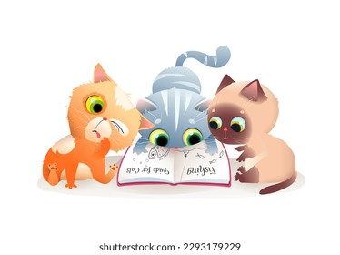 Cute cats reading a book or studying. Learning and education illustration for children. Animal characters reading story book. Amusing vector cartoon illustration, isolated clip art for kids.