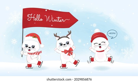 Cute Katzen und rote Fahne auf Winterhintergrund Winter und Weihnachtsgrafik.