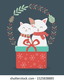 cute cats with red gift wreath decoration snowflakes celebration merry christmas poster vector illustration