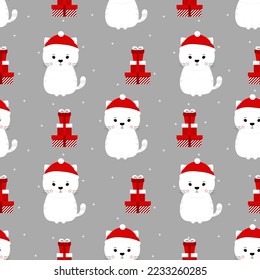 Cute cats with red hat. Christmas seamless pattern with gifts and cats