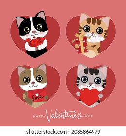 Cute cats and red heart. Happy Valentine's Day greeting card. Animal cartoon character in love holidays.