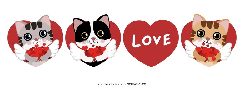 Cute cats and red heart. Happy Valentine's Day greeting card. Animal cartoon character in love holidays.