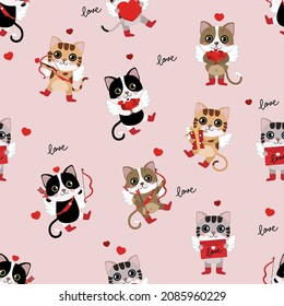 Cute cats and red heart seamless pattern and background. Happy Valentine's Day greeting card. Animal cartoon character in love holidays.