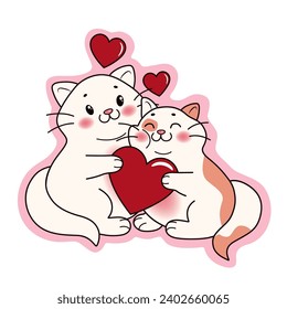 Cute cats with red hearts on white background. Valentine's Day c