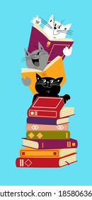 Los gatos guapos están cediendo. Un gatito gracioso con pilas de libros. A los personajes de caricatura, blancos, grises, negros, les gusta leer. Ilustración vectorial colorida aislada en fondo azul