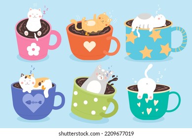 Cute cats relax in coffee or tea cups set vector illustration. Cartoon funny adorable animals sleeping in mugs, kitten characters floating in mug isolated on blue background. Good morning concept