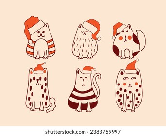 Cute cats in Santa hat set. Christmas and New Year's cats. Banner, sticker pack, postcard, for the web. Vector illustration