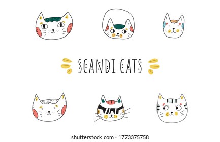 Cute cats in Scandinavian style vector line illustration for print. Childish print?with cute line style animals. Cmyk vector illustration in modern colorful style eps 10.