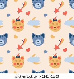 Cute cats seamless background.  Hand drawn vector illustration