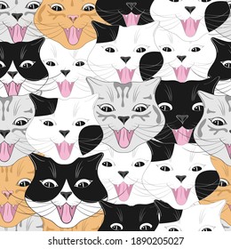 Cute cats seamless pattern. Animal pattern. Cartoon character of a happy cat. Funny cat face. Colorful background muzzles.