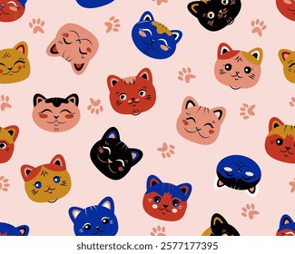 Cute cats seamless pattern. The animals head is in a flat style. Suitable for printing on paper and fabric. Vector background. 