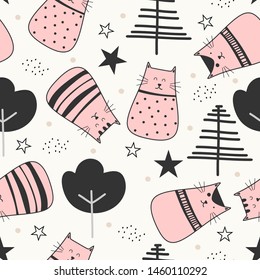 Cute Cats Seamless Pattern, Cartoon Animals Background, Vector Illustration for baby and kids fashion apparel wallpaper ready for print.